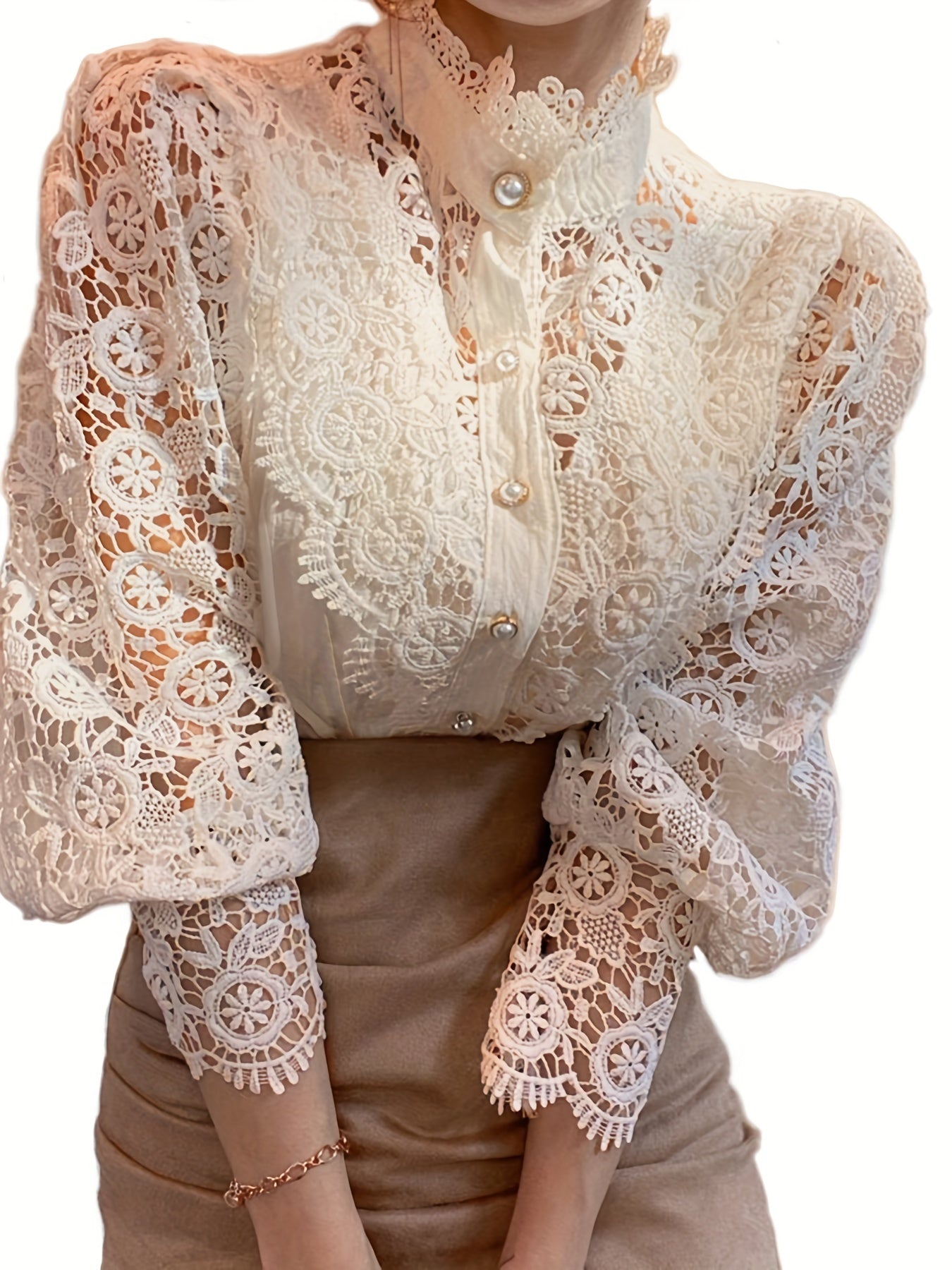 Ladies' Victorian-style Pearl Button Shirt, Lace Puff Sleeve Cute Commuter Casual Top