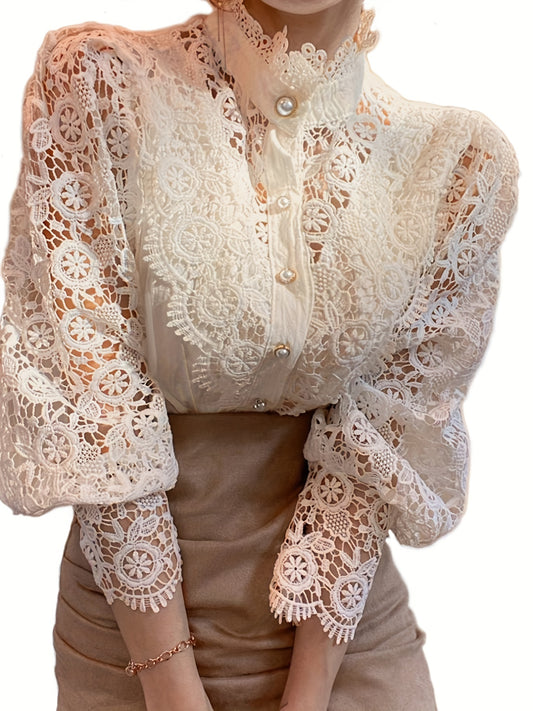 Ladies' Victorian-style Pearl Button Shirt, Lace Puff Sleeve Cute Commuter Casual Top
