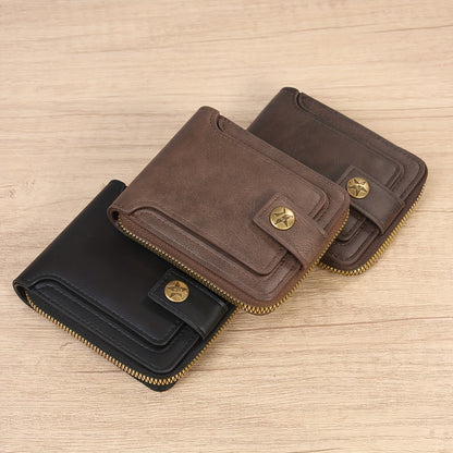 1pc Men's PU Leather Solid Color Business Wallet, Card Holder With Zipper & Button, Valentine's Day Gift For Men