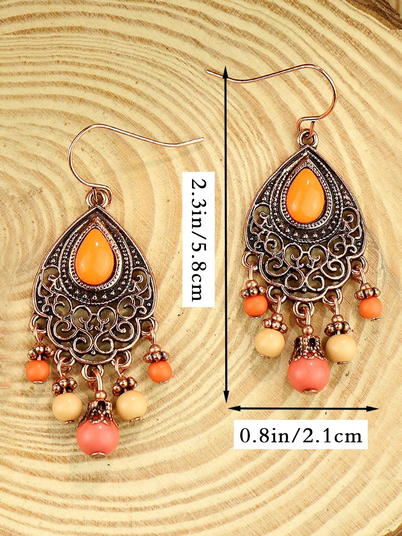 1 Pair Vintage Champagne Geometric Hollow Pendant Turquoise Beaded Tassel Earrings