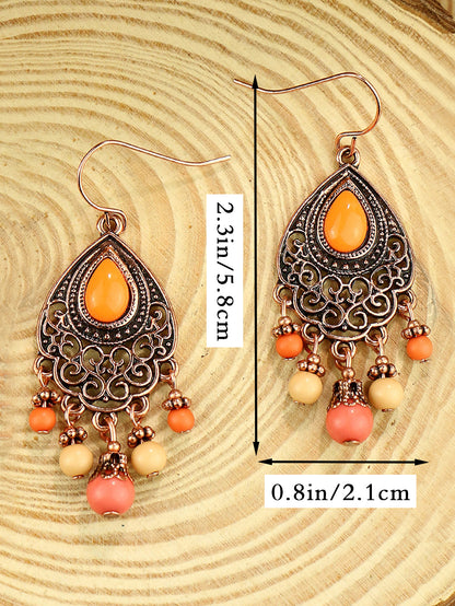 1 Pair Vintage Champagne Geometric Hollow Pendant Turquoise Beaded Tassel Earrings
