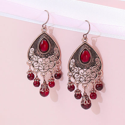 1 Pair Vintage Champagne Geometric Hollow Pendant Turquoise Beaded Tassel Earrings