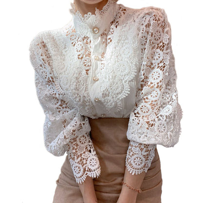 Ladies' Victorian-style Pearl Button Shirt, Lace Puff Sleeve Cute Commuter Casual Top