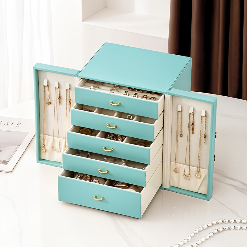 1 Large Faux Leather Jewelry Organizer Box with 5 Drawers & Golden-Tone Handles - Elegant Rectangular Storage for Rings, Necklaces, Bracelets, Earrings, Watches - Soft Fabric-Lined Interior, Side Door Access, Textured Finish