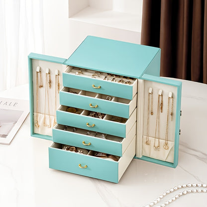 1 Large Faux Leather Jewelry Organizer Box with 5 Drawers & Golden-Tone Handles - Elegant Rectangular Storage for Rings, Necklaces, Bracelets, Earrings, Watches - Soft Fabric-Lined Interior, Side Door Access, Textured Finish