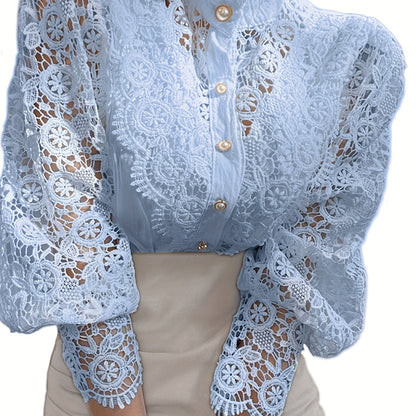 Ladies' Victorian-style Pearl Button Shirt, Lace Puff Sleeve Cute Commuter Casual Top