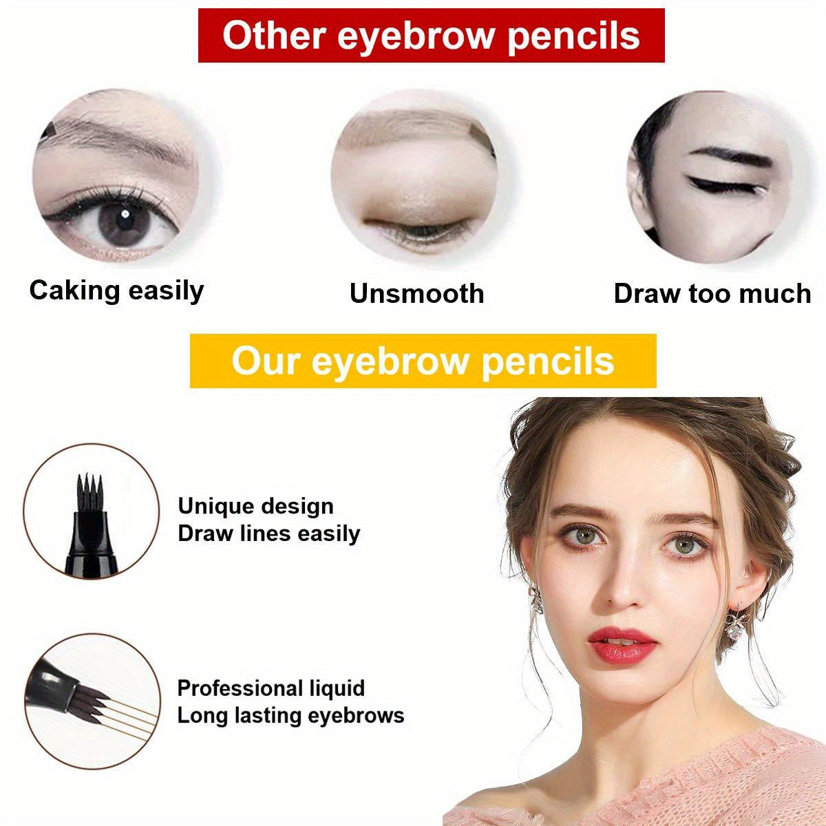 Four-Prong Eyebrow Pencil, Waterproof and Sweatproof with Long-lasting Wear