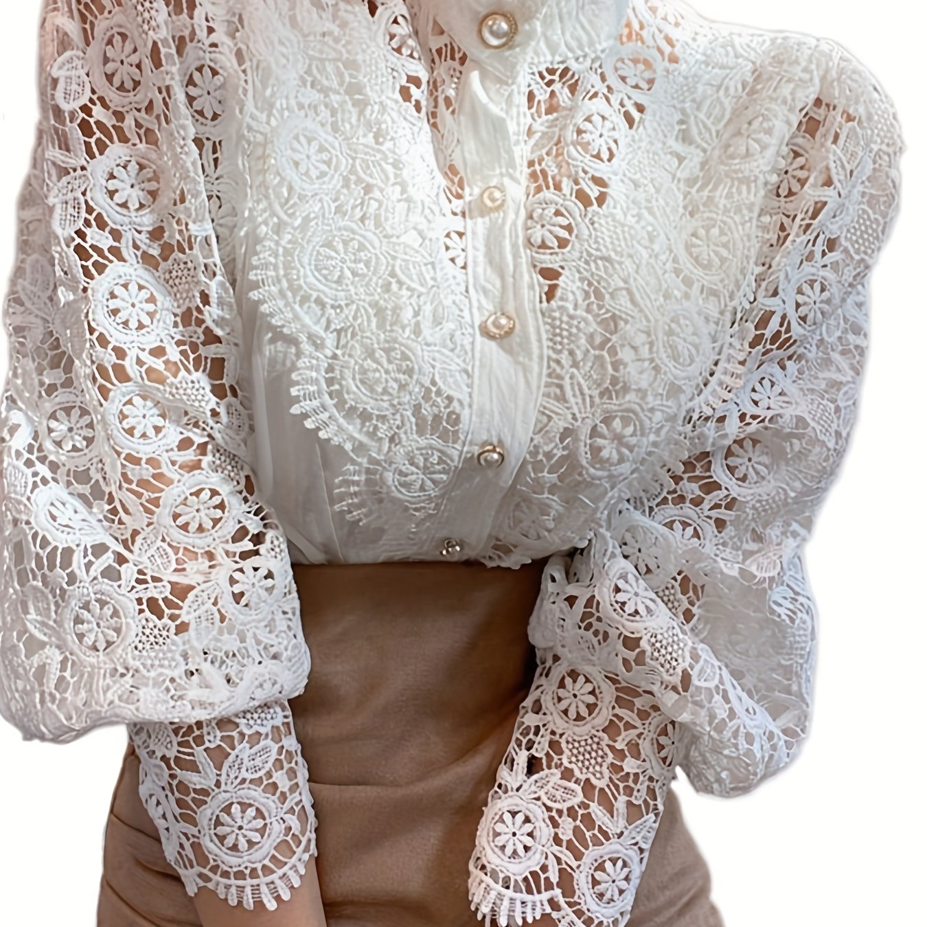 Ladies' Victorian-style Pearl Button Shirt, Lace Puff Sleeve Cute Commuter Casual Top