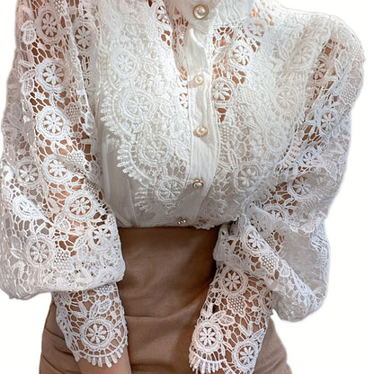 Ladies' Victorian-style Pearl Button Shirt, Lace Puff Sleeve Cute Commuter Casual Top