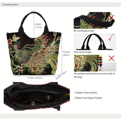 [Wo 'S Embroidered Bag] Retro Style Wo 'S Embroidered Satchel Bag, Fashion Double Handle Purse with Removable Strap