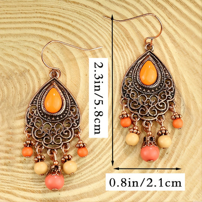 1 Pair Vintage Champagne Geometric Hollow Pendant Turquoise Beaded Tassel Earrings