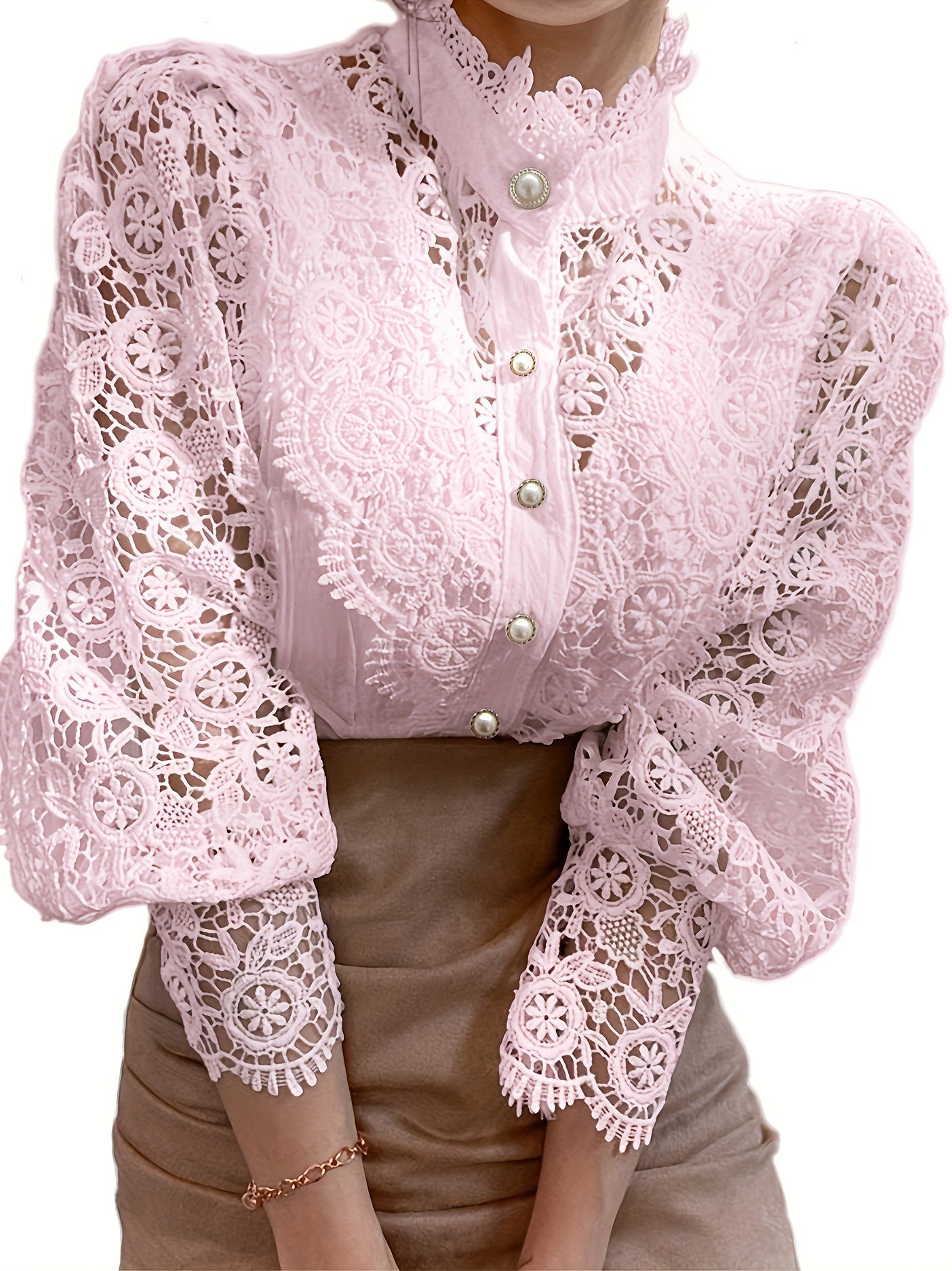Ladies' Victorian-style Pearl Button Shirt, Lace Puff Sleeve Cute Commuter Casual Top
