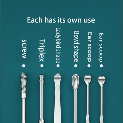 6pcs Stainless Steel Ear Cleaning Tool Set, Hypoallergenic Ear Spoons, Unisex Adult Ear Pick Kit for Daily Skin Care, Spiral Ear Wax Removal Accessories