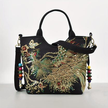 [Wo 'S Embroidered Bag] Retro Style Wo 'S Embroidered Satchel Bag, Fashion Double Handle Purse with Removable Strap