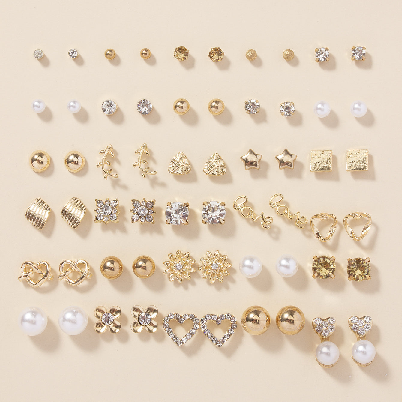 A Set of 30 Pairs of Stylish Alloy Heart-Shaped Faux Gemstone Letter Earrings.