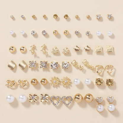 A Set of 30 Pairs of Stylish Alloy Heart-Shaped Faux Gemstone Letter Earrings.
