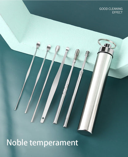 6pcs Stainless Steel Ear Cleaning Tool Set, Hypoallergenic Ear Spoons, Unisex Adult Ear Pick Kit for Daily Skin Care, Spiral Ear Wax Removal Accessories