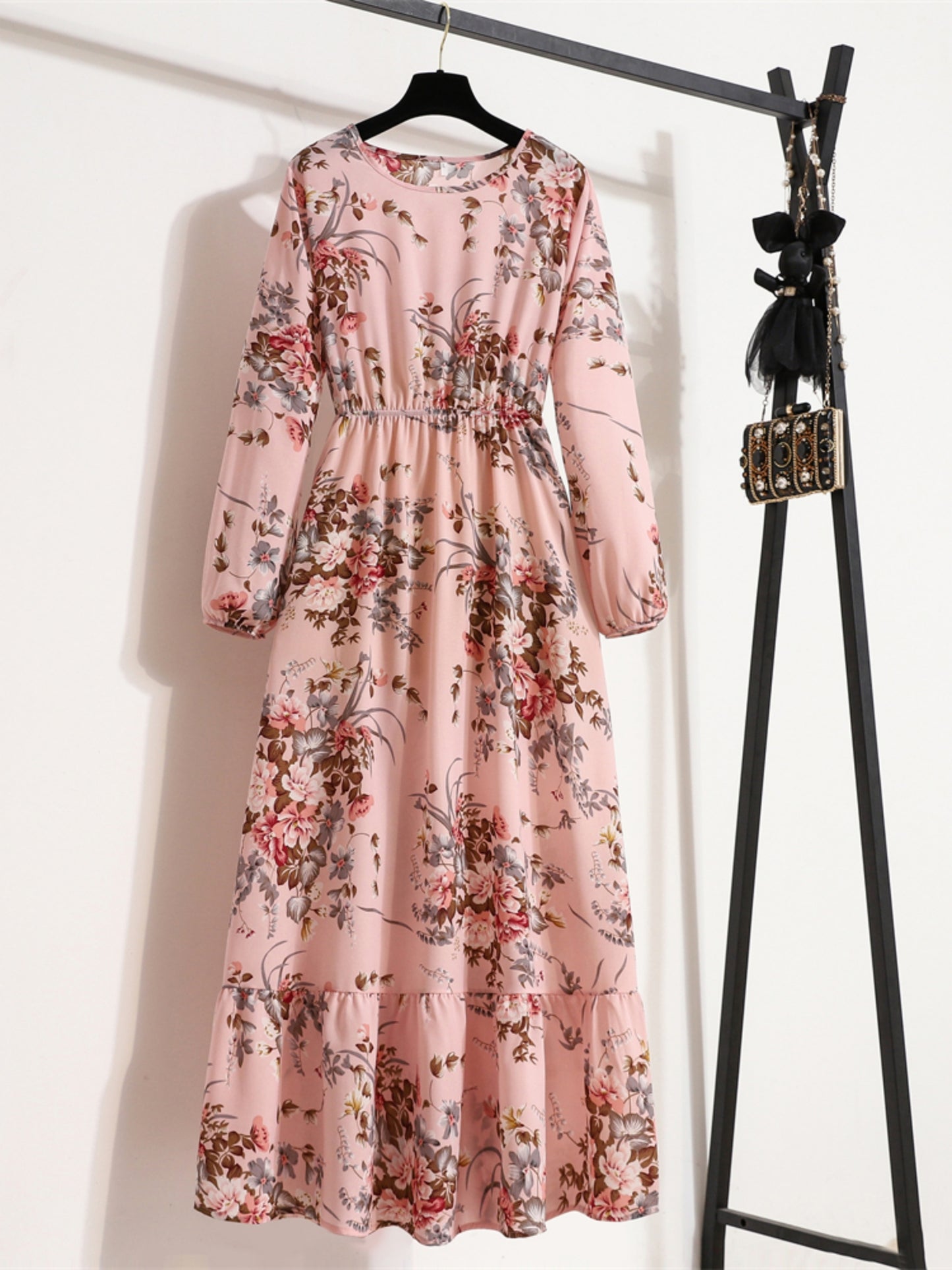 Bohemian Polka Dot Print Long Dress, Ruffle Hem Round Neck Long Sleeve Elastic Waist A-Line Dresses, Women's Clothing