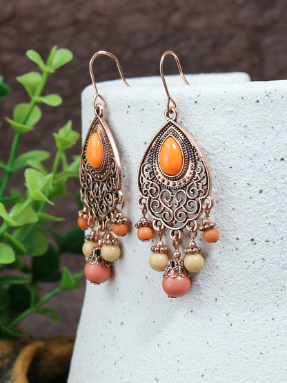 1 Pair Vintage Champagne Geometric Hollow Pendant Turquoise Beaded Tassel Earrings