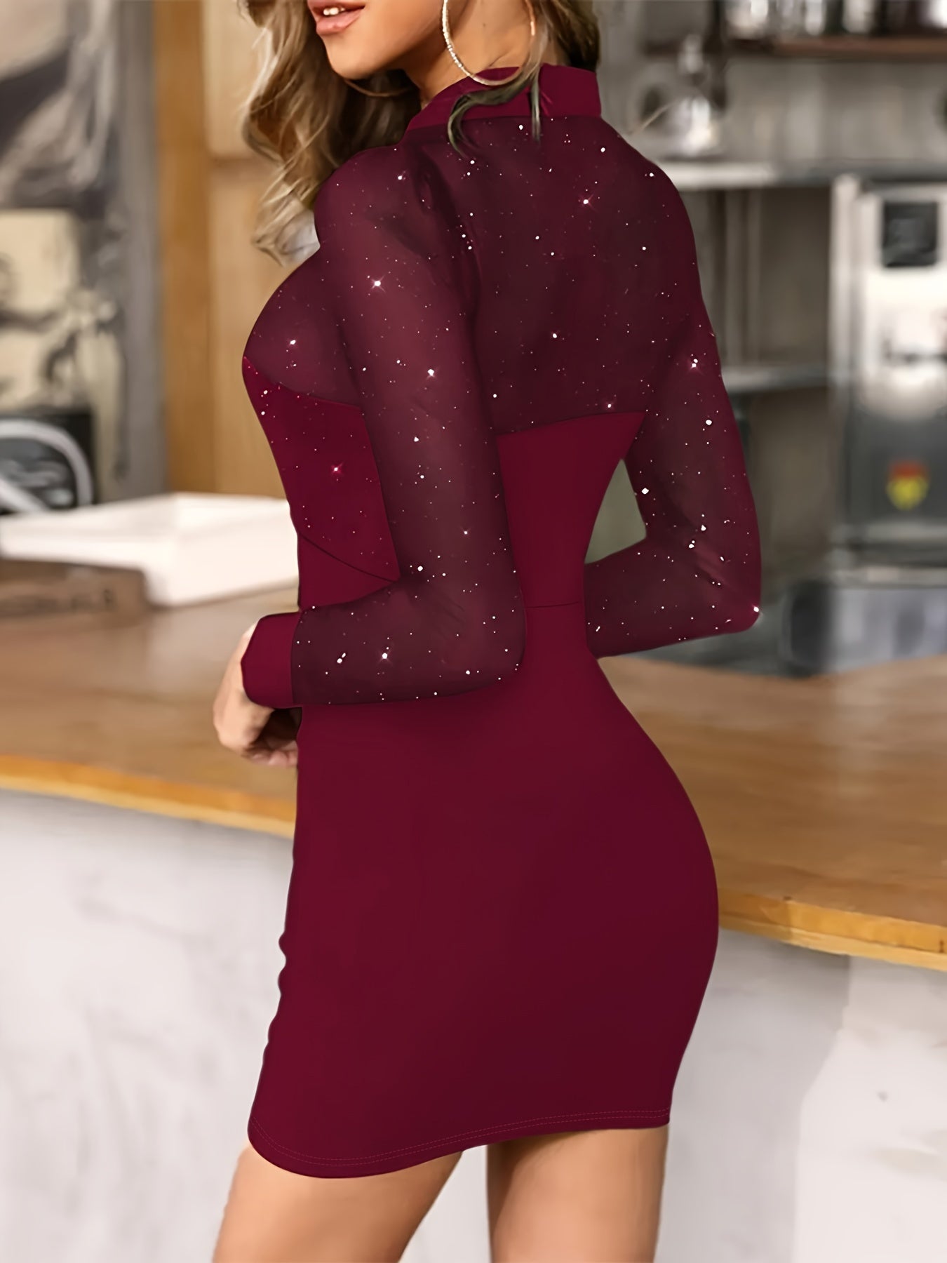 Golden Mesh Long-sleeve Dress