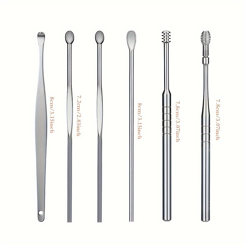 6pcs Stainless Steel Ear Cleaning Tool Set, Hypoallergenic Ear Spoons, Unisex Adult Ear Pick Kit for Daily Skin Care, Spiral Ear Wax Removal Accessories