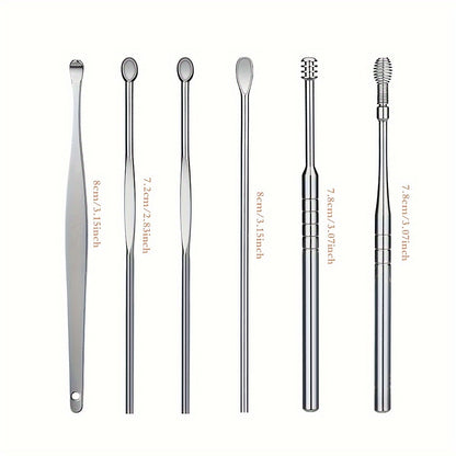 6pcs Stainless Steel Ear Cleaning Tool Set, Hypoallergenic Ear Spoons, Unisex Adult Ear Pick Kit for Daily Skin Care, Spiral Ear Wax Removal Accessories