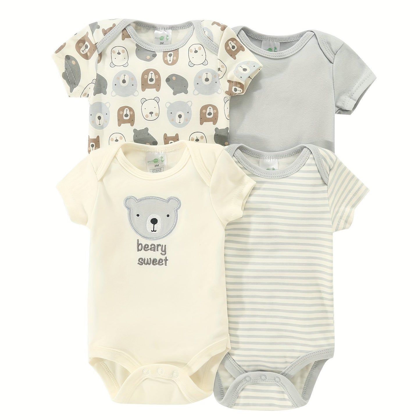 Newborn Baby Short Sleeve One-Piece Suit 4pcs Set with Alphabet Print and Embroidery Triangle Climbing Suit Ha Clothes Set 0-9 Months Baby Clothes