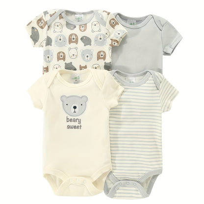 Newborn Baby Short Sleeve One-Piece Suit 4pcs Set with Alphabet Print and Embroidery Triangle Climbing Suit Ha Clothes Set 0-9 Months Baby Clothes