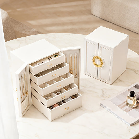 1 Large Faux Leather Jewelry Organizer Box with 5 Drawers & Golden-Tone Handles - Elegant Rectangular Storage for Rings, Necklaces, Bracelets, Earrings, Watches - Soft Fabric-Lined Interior, Side Door Access, Textured Finish