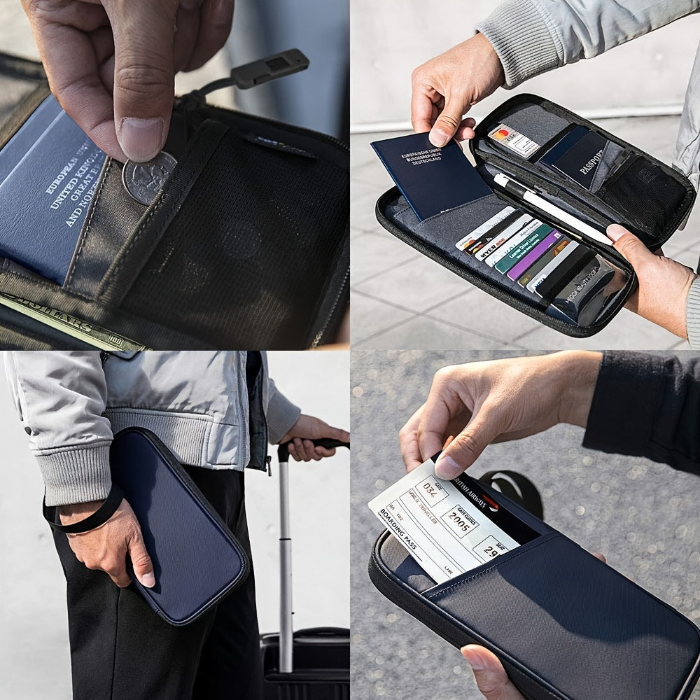 Family Passport Holder with SIM Card Slot and Pop-Up Needle, RFID Blocking Travel Passport Wallet, Ticket Document Storage Bag with Wrist Strap, Holds Up to 6 Passports and 9 Credit Cards