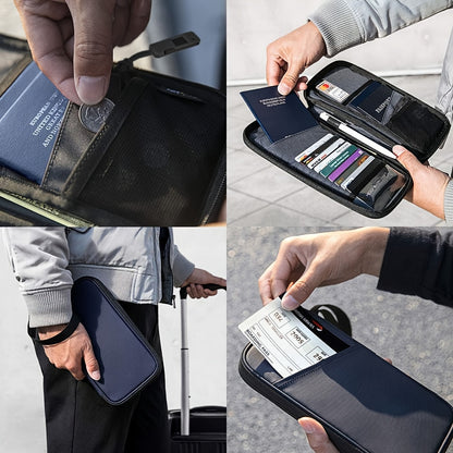 Family Passport Holder with SIM Card Slot and Pop-Up Needle, RFID Blocking Travel Passport Wallet, Ticket Document Storage Bag with Wrist Strap, Holds Up to 6 Passports and 9 Credit Cards