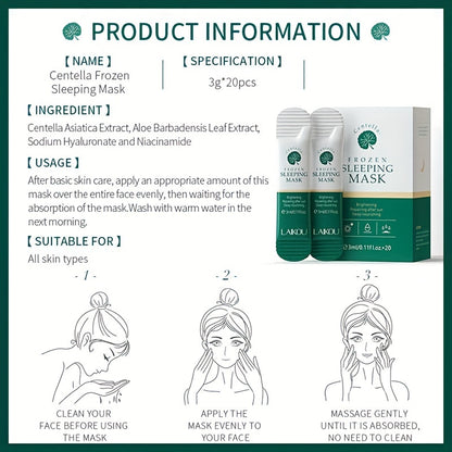 20pcs Centella Asiatica Moisturizing & Firming Sleeping Mask - Hydrating, Fragrance-Free, Hypoallergenic, Plant-Based Formula for All Light Beige Types, Unisex Adult Skincare, Skincare Routine, Sleek Packaging, Natural Ingred
