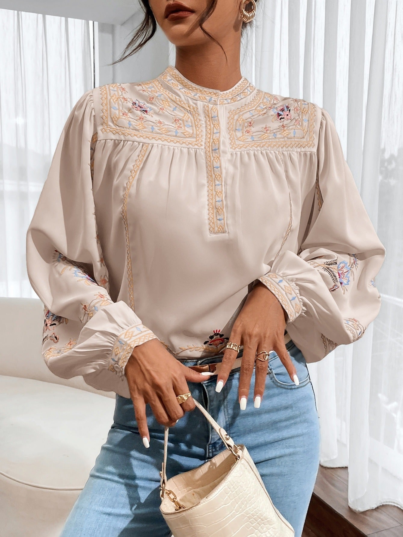 Stunning Embroidered Round Neck Long Sleeve Blouse for Women - Elegant Casual Wear with Delicate Patterns, Soft Fabric, and Comfortable Fit - Perfect for Daily Life, Work, or Special Occasions