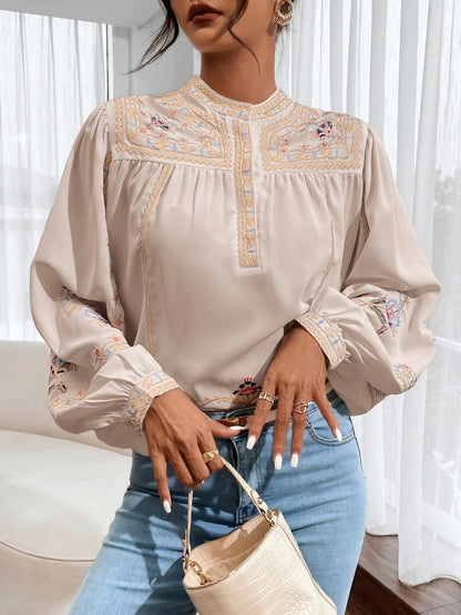 Stunning Embroidered Round Neck Long Sleeve Blouse for Women - Elegant Casual Wear with Delicate Patterns, Soft Fabric, and Comfortable Fit - Perfect for Daily Life, Work, or Special Occasions