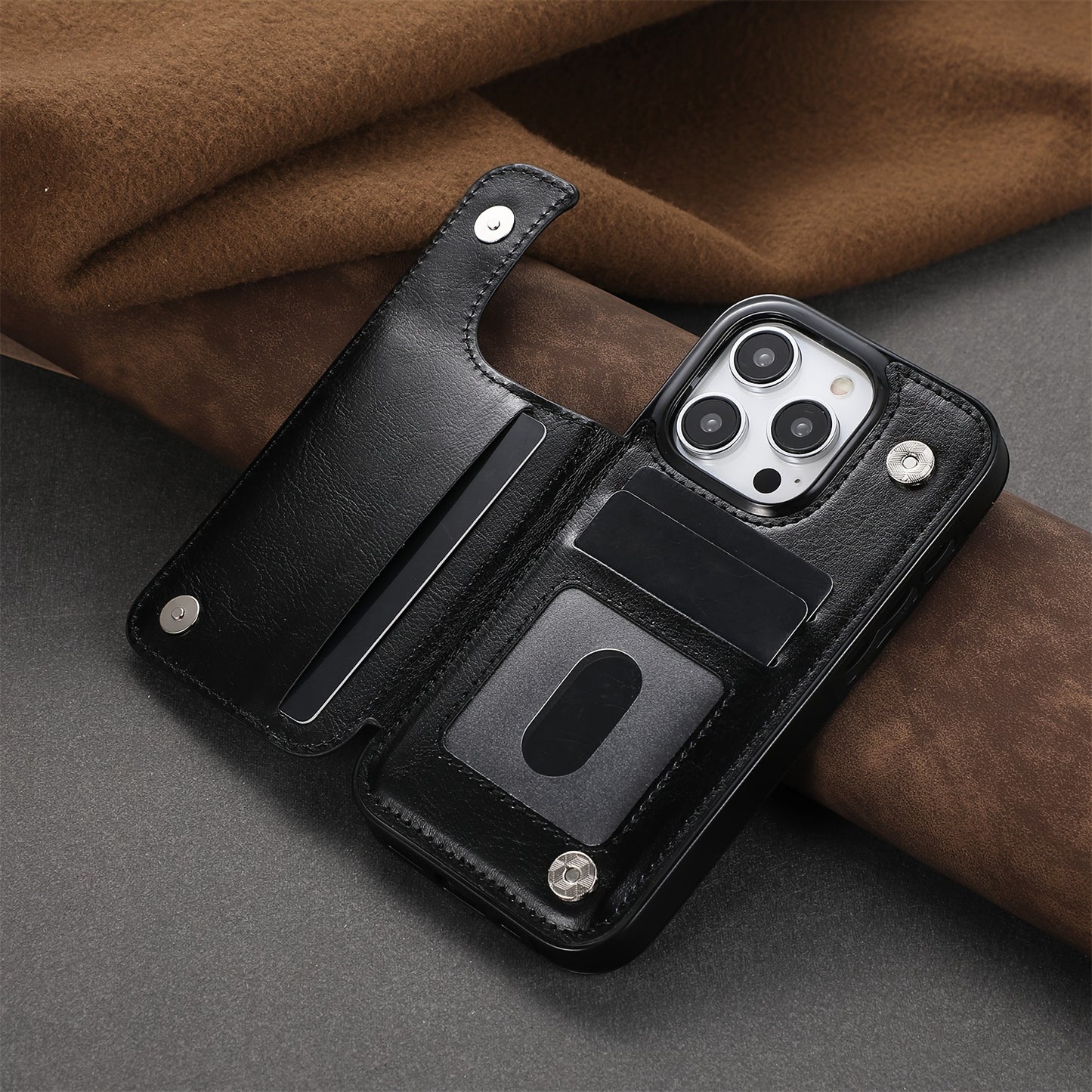 Premium PU Synthetic Faux Leather Wallet Case Designed for Various for iphone Models, Featuring Card Slots, a Stand, And Shockproof Protection.