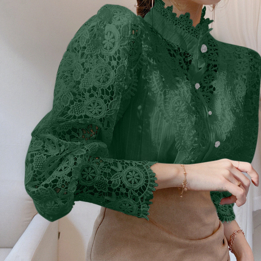 Ladies' Victorian-style Pearl Button Shirt, Lace Puff Sleeve Cute Commuter Casual Top