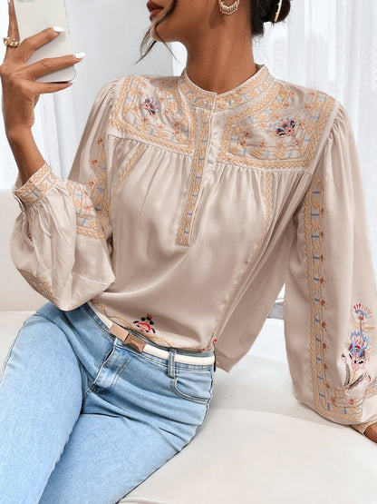 Stunning Embroidered Round Neck Long Sleeve Blouse for Women - Elegant Casual Wear with Delicate Patterns, Soft Fabric, and Comfortable Fit - Perfect for Daily Life, Work, or Special Occasions