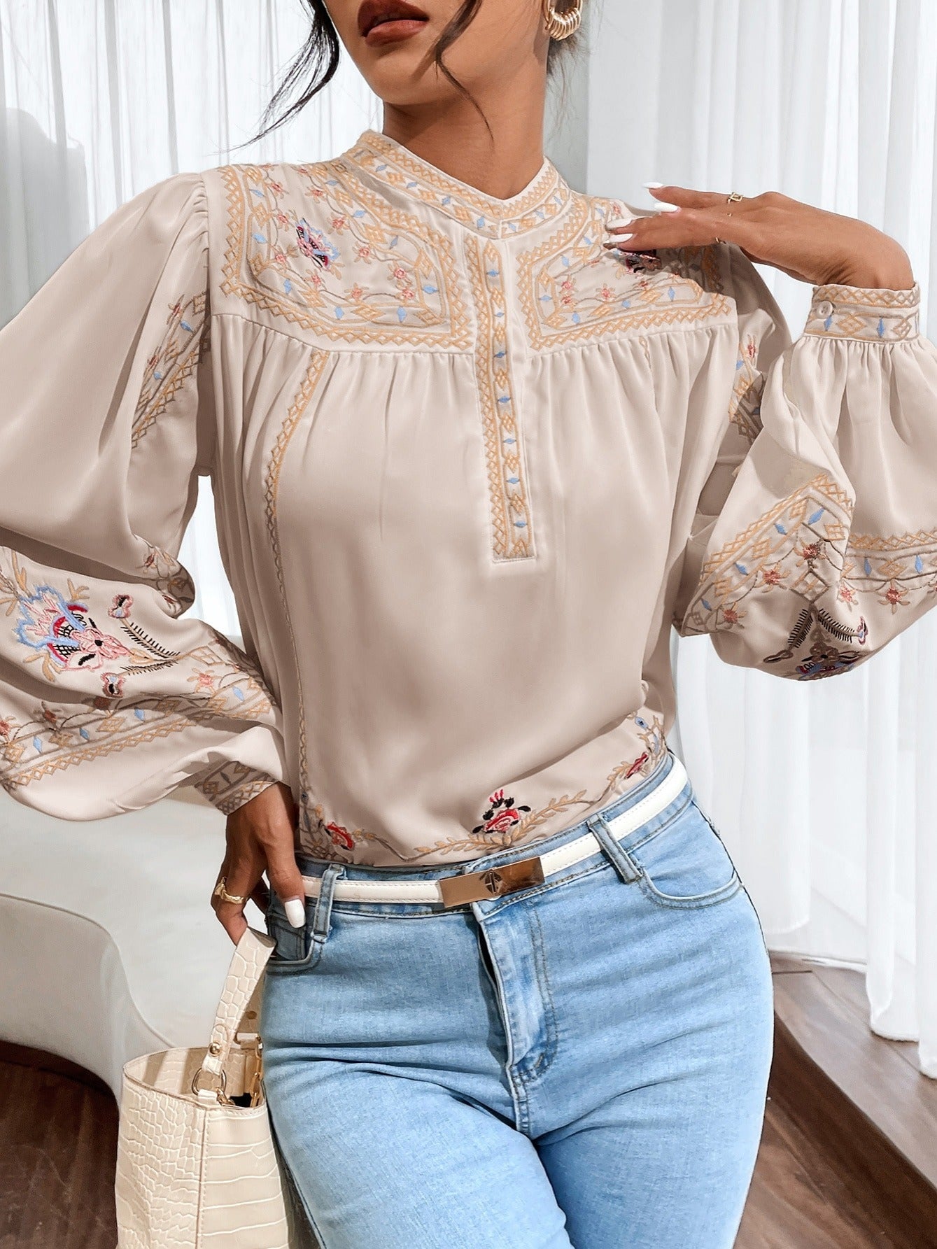 Stunning Embroidered Round Neck Long Sleeve Blouse for Women - Elegant Casual Wear with Delicate Patterns, Soft Fabric, and Comfortable Fit - Perfect for Daily Life, Work, or Special Occasions