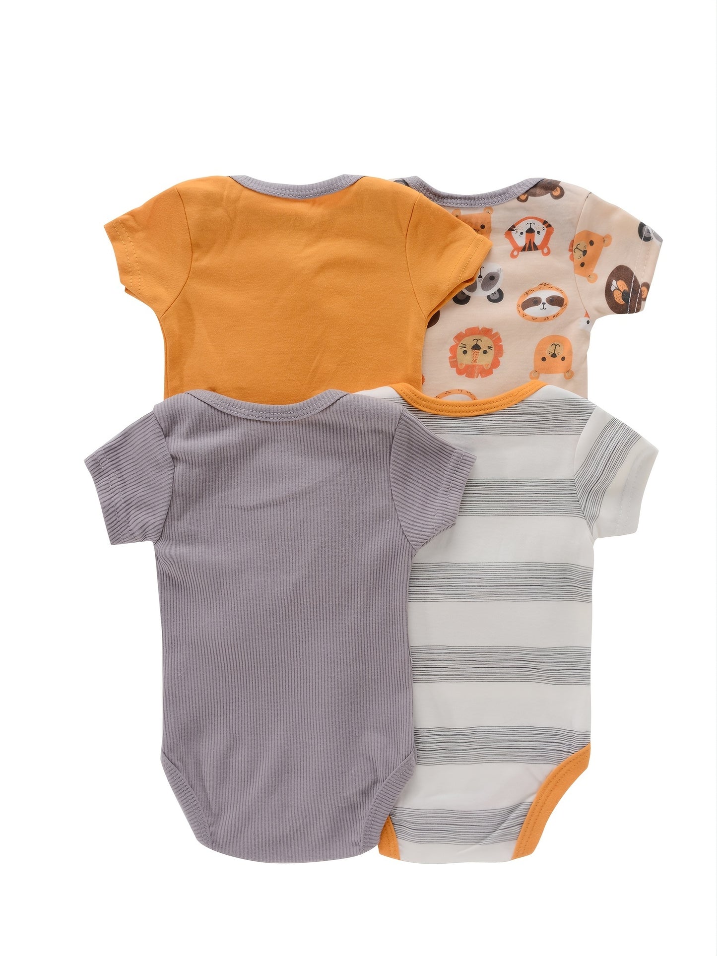 Newborn Baby Short Sleeve One-Piece Suit 4pcs Set with Alphabet Print and Embroidery Triangle Climbing Suit Ha Clothes Set 0-9 Months Baby Clothes