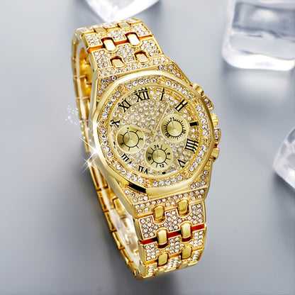 Luxury Golden-Tone Women's Rhinestone Watch with Roman Numerals, Quartz Movement, and Sparkling Bezel - Elegant Business Style Analog Display, Formal Timepiece | Classic Elegance | Durable Bracelet
