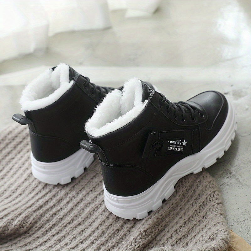 Women'S Winter High-Top Boots - Warm Fleece-Lined Ankle Boots with Thick Rubber Sole, Lace-Up Casual Style, White & Beige, Perfect for Cold Weather Comfort, Winter Boots