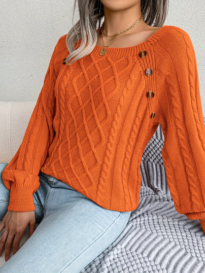 Women's Sweater Round Neck Texture Button Lantern Sleeve Sweater