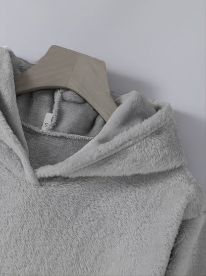 Winter Plush Hooded Sweatshirt - Oversized Casual Pullover with Cartoon Penguin Graphic & "I'm Not Short I'm Penguin Size" Text, 100% Polyester, Machine Washable, Grey
