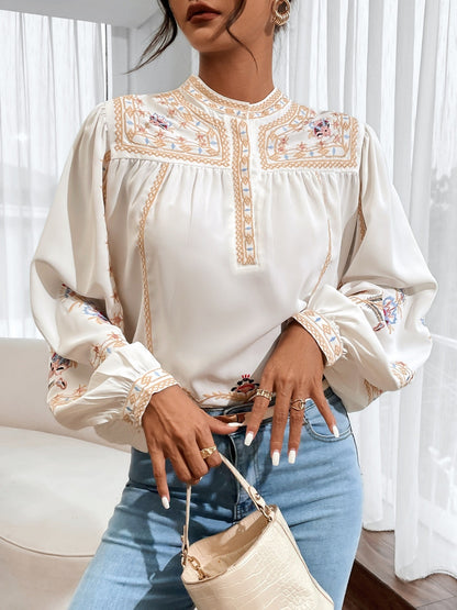 Stunning Embroidered Round Neck Long Sleeve Blouse for Women - Elegant Casual Wear with Delicate Patterns, Soft Fabric, and Comfortable Fit - Perfect for Daily Life, Work, or Special Occasions