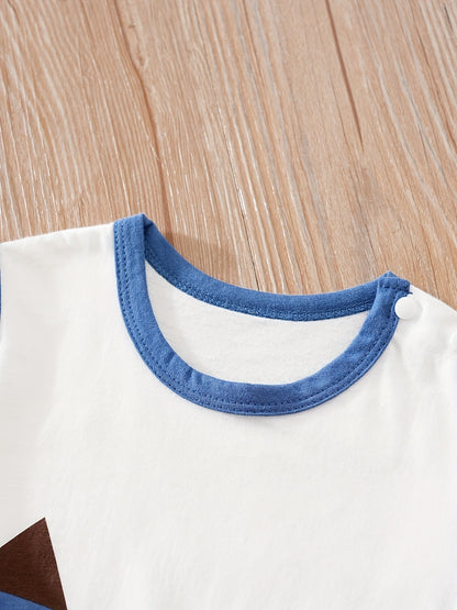 Baby Boys' Short Sleeve Romper Jumpsuit - Cute Cartoon Crocodile Print, White & Blue Trim, Breathable Summer Outfit, Easy Hand Wash Care, Regular Fit Infant Clothing, Baby Boy Outfits, Spring Infant Wear, Soft Texture Materia