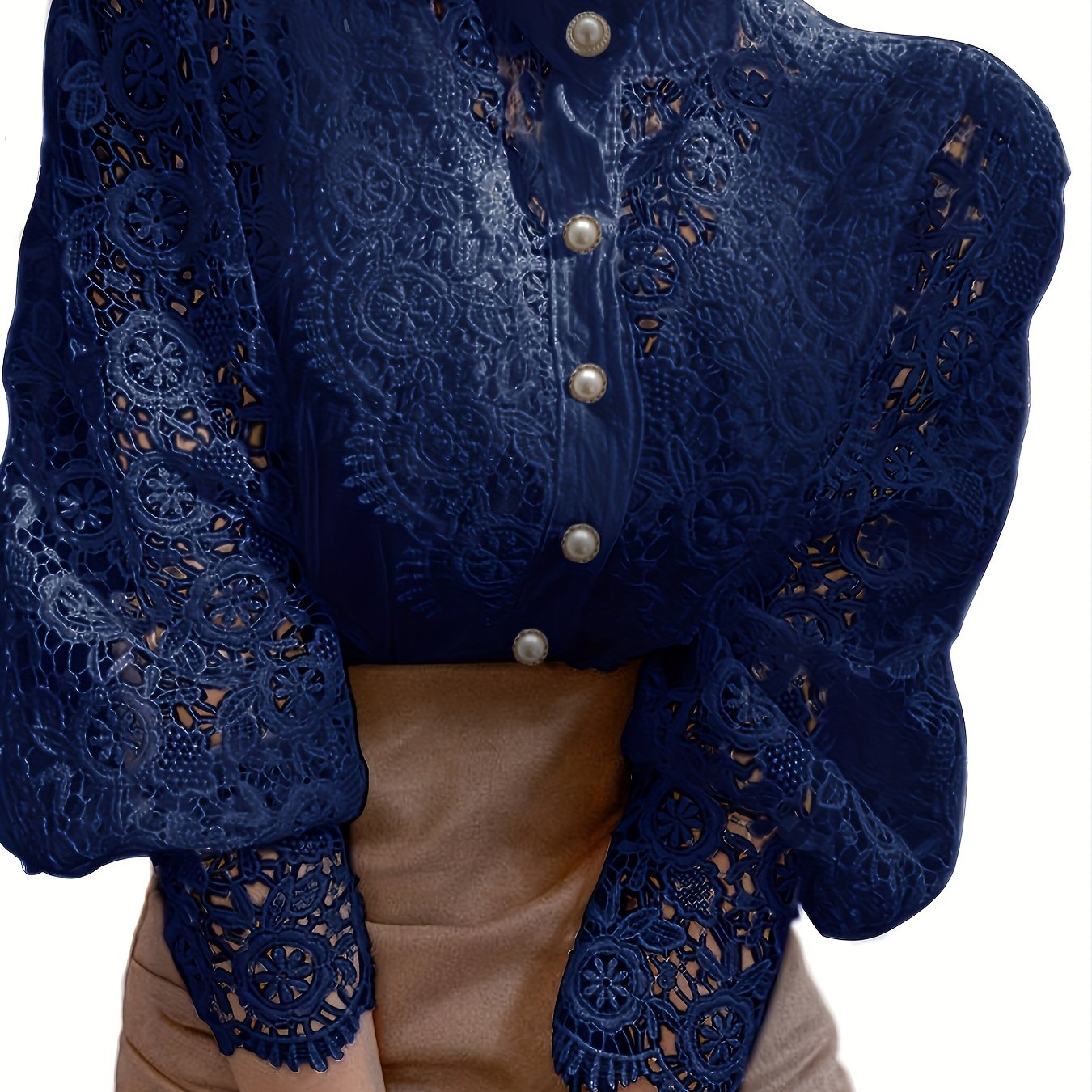 Ladies' Victorian-style Pearl Button Shirt, Lace Puff Sleeve Cute Commuter Casual Top
