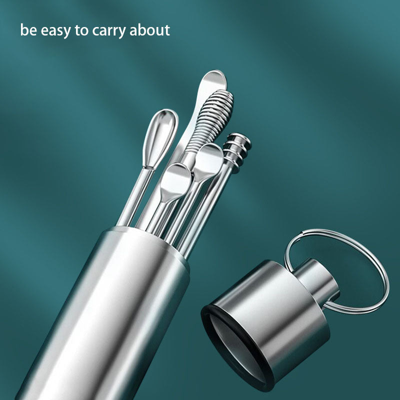 6pcs Stainless Steel Ear Cleaning Tool Set, Hypoallergenic Ear Spoons, Unisex Adult Ear Pick Kit for Daily Skin Care, Spiral Ear Wax Removal Accessories