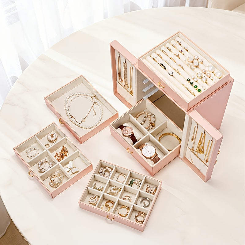 1 Large Faux Leather Jewelry Organizer Box with 5 Drawers & Golden-Tone Handles - Elegant Rectangular Storage for Rings, Necklaces, Bracelets, Earrings, Watches - Soft Fabric-Lined Interior, Side Door Access, Textured Finish