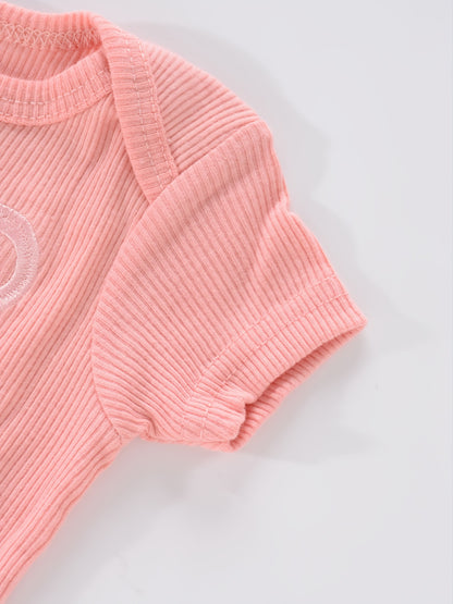 Newborn Baby Short Sleeve One-Piece Suit 4pcs Set with Alphabet Print and Embroidery Triangle Climbing Suit Ha Clothes Set 0-9 Months Baby Clothes
