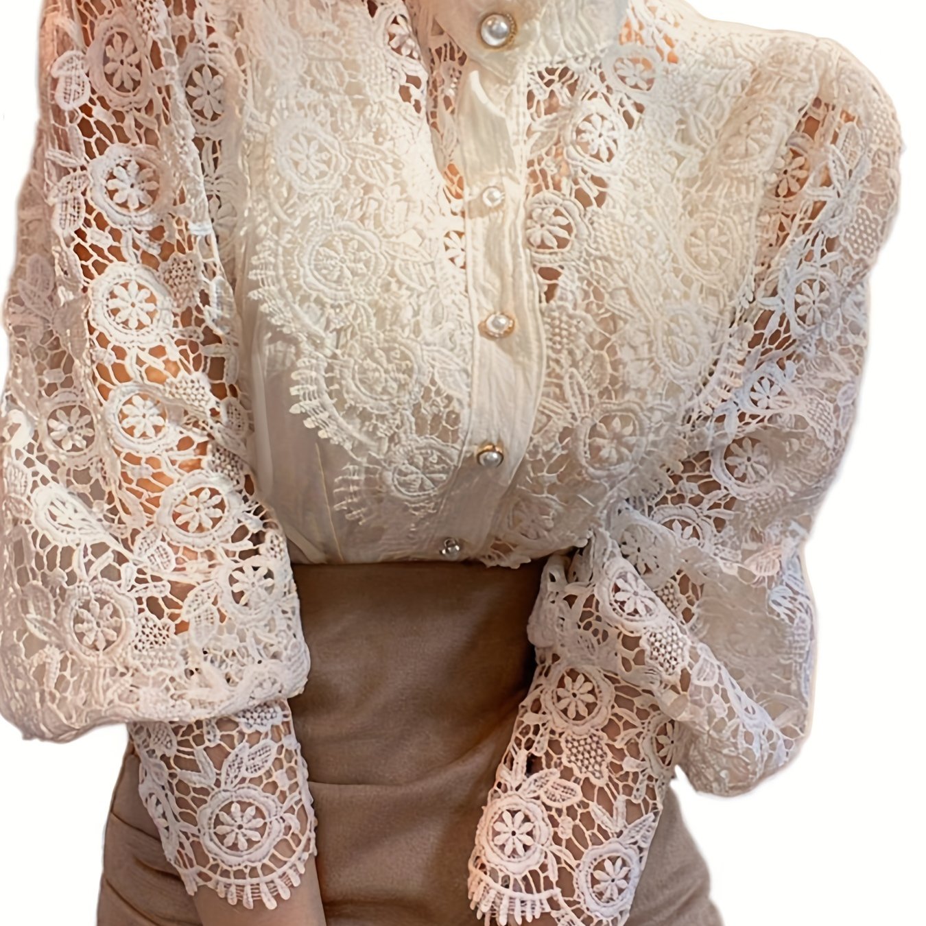Ladies' Victorian-style Pearl Button Shirt, Lace Puff Sleeve Cute Commuter Casual Top